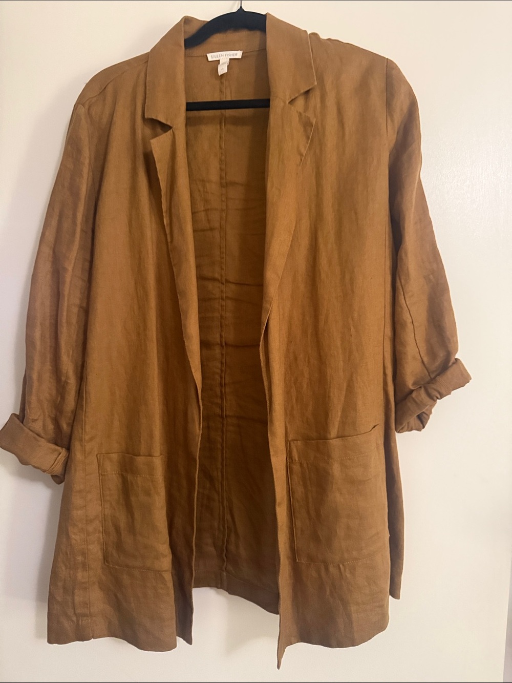 Eileen Fisher Open-Front Linen Blazer in Camel Brown